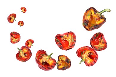 Image of Slices of grilled bell peppers in air on white background