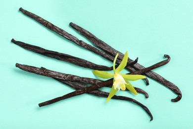 Photo of Vanilla pods and beautiful flower on turquoise background, top view