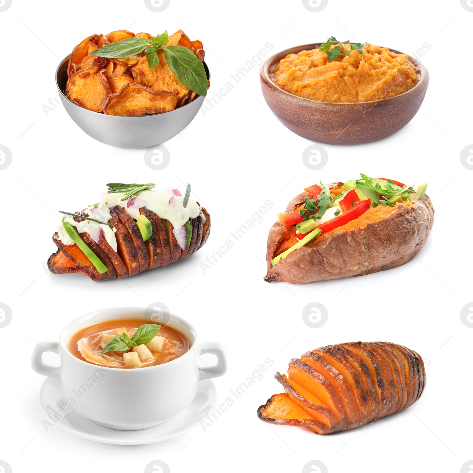 Image of Set of delicious sweet potatoes dishes on white background