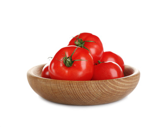 Bowl of fresh ripe organic tomatoes isolated on white