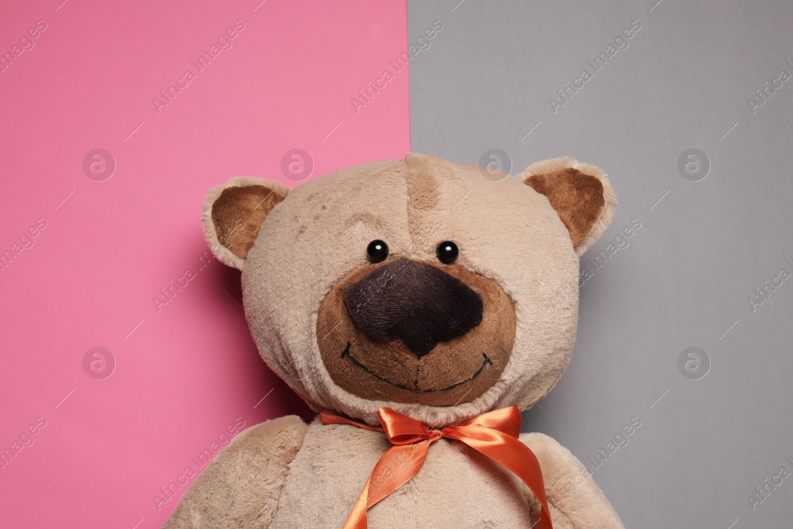 Photo of Cute teddy bear on color background, top view