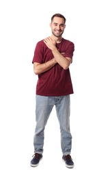 Photo of Full length portrait of emotional handsome man on white background