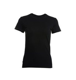 Photo of Stylish black women's t-shirt isolated on white. Mockup for design