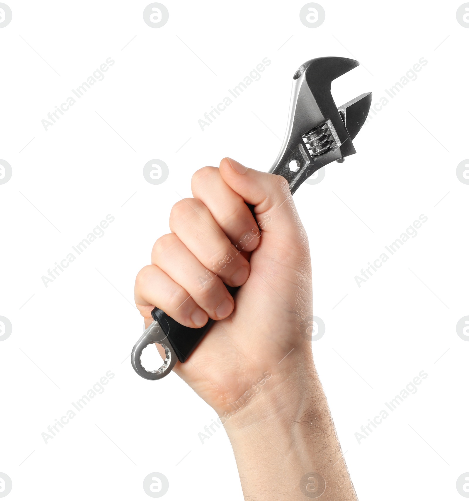 Photo of Man holding adjustable wrench isolated on white, closeup. Plumbing tools