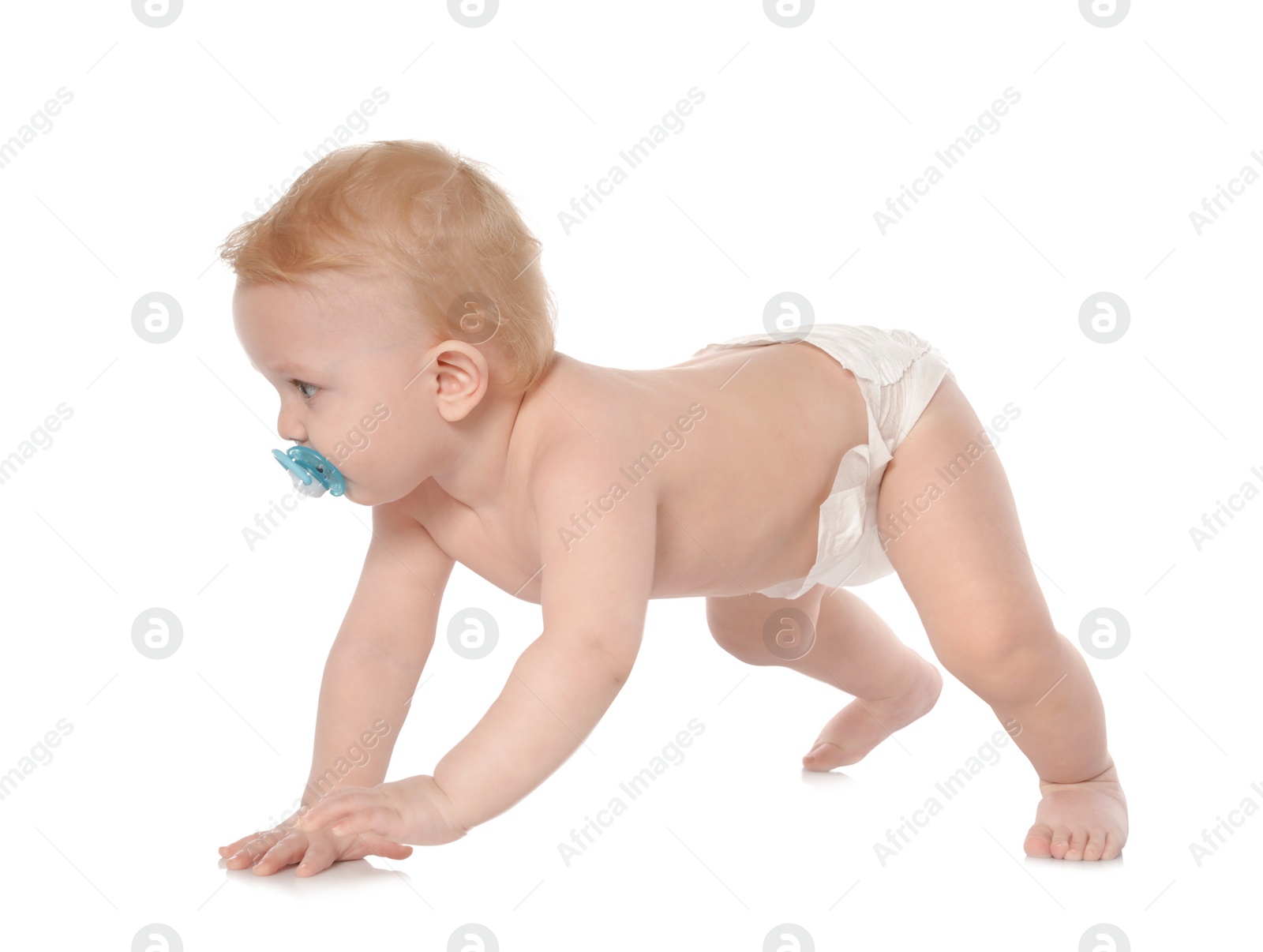 Photo of Cute little baby crawling on white background