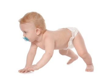 Photo of Cute little baby crawling on white background