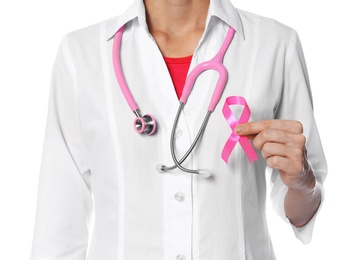 Photo of Female doctor with pink ribbon and stethoscope on white background, closeup. Breast cancer concept