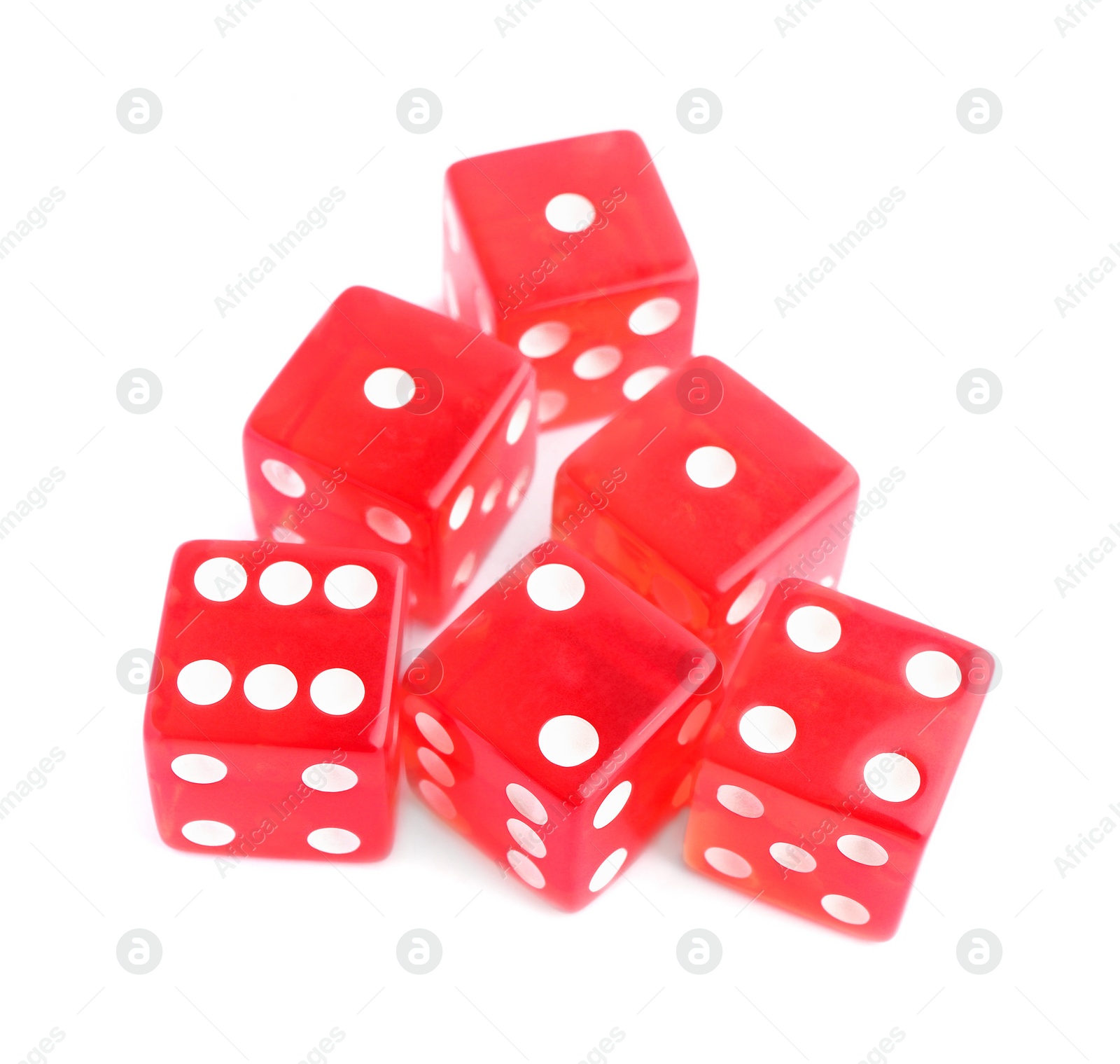 Photo of Many red game dices isolated on white