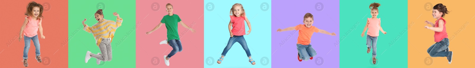 Image of Group of children jumping on color backgrounds, set of photos