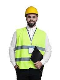 Engineer in hard hat holding clipboard on white background