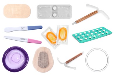 Oral contraceptives, patches, vaginal ring, condoms, intrauterine devices and ovulation tests isolated on white, collage. Different birth control methods