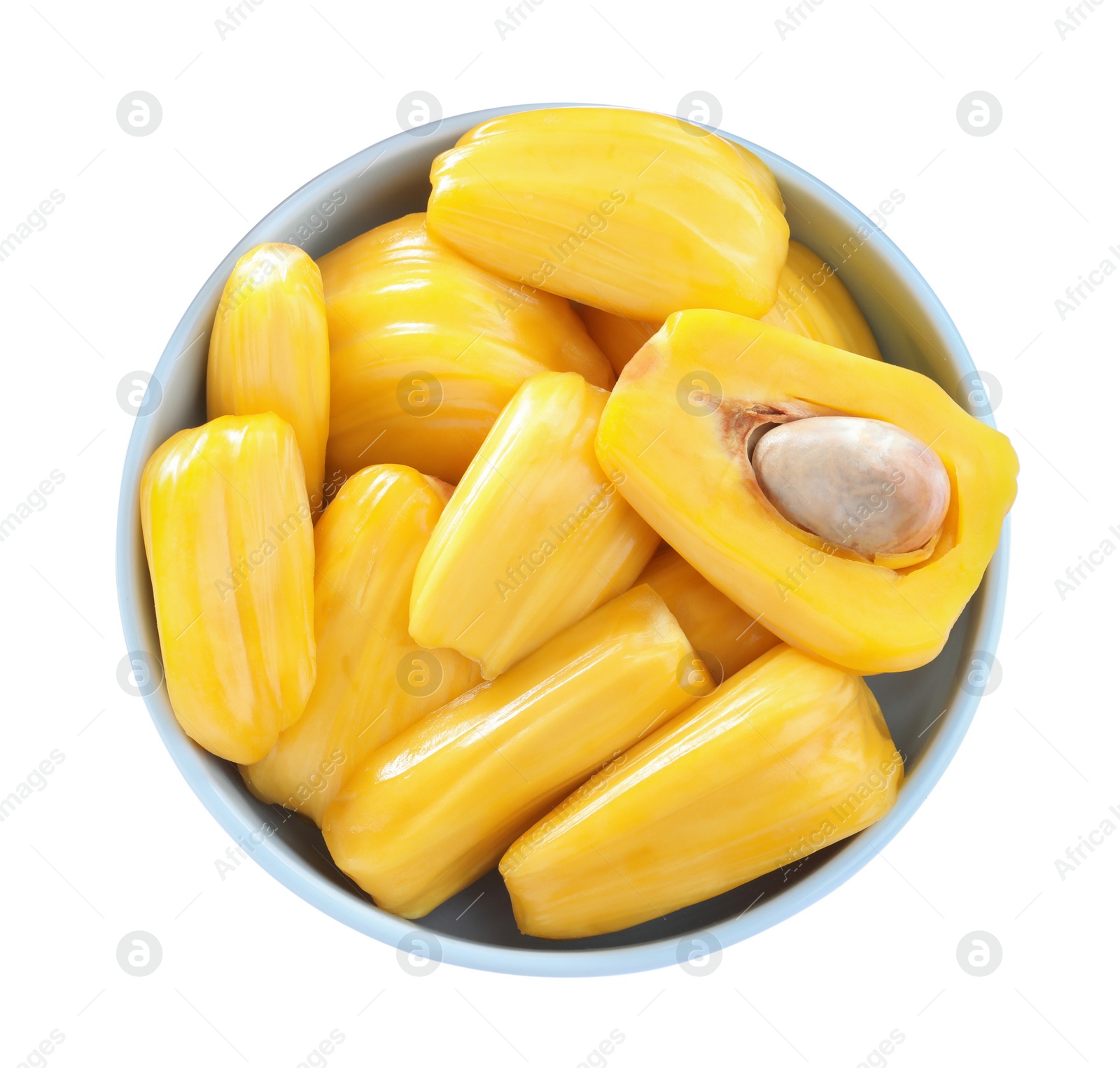 Photo of Delicious jackfruit bulbs in bowl on white background, top view