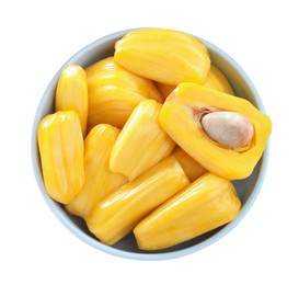 Delicious jackfruit bulbs in bowl on white background, top view