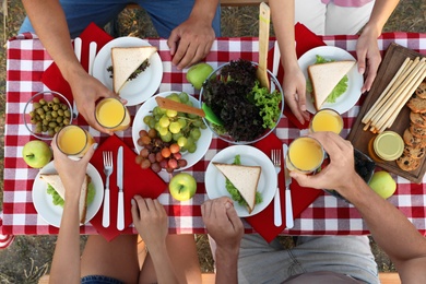 Young people having picnic at table in park, top view