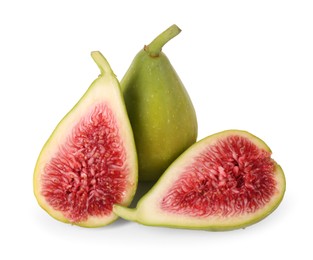 Photo of Cut and whole fresh green figs isolated on white