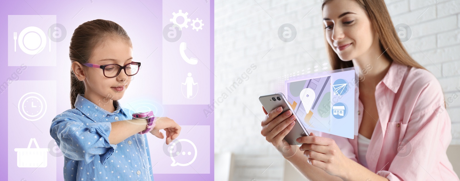 Image of Control kid's geolocation via smart watch. Mother and daughter with gadgets, collage 