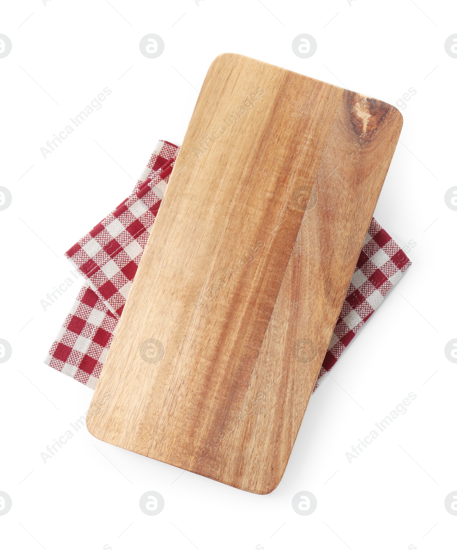 Photo of Wooden cutting board and checkered towel isolated on white, top view