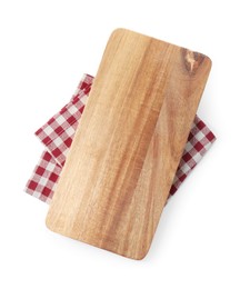 Photo of Wooden cutting board and checkered towel isolated on white, top view