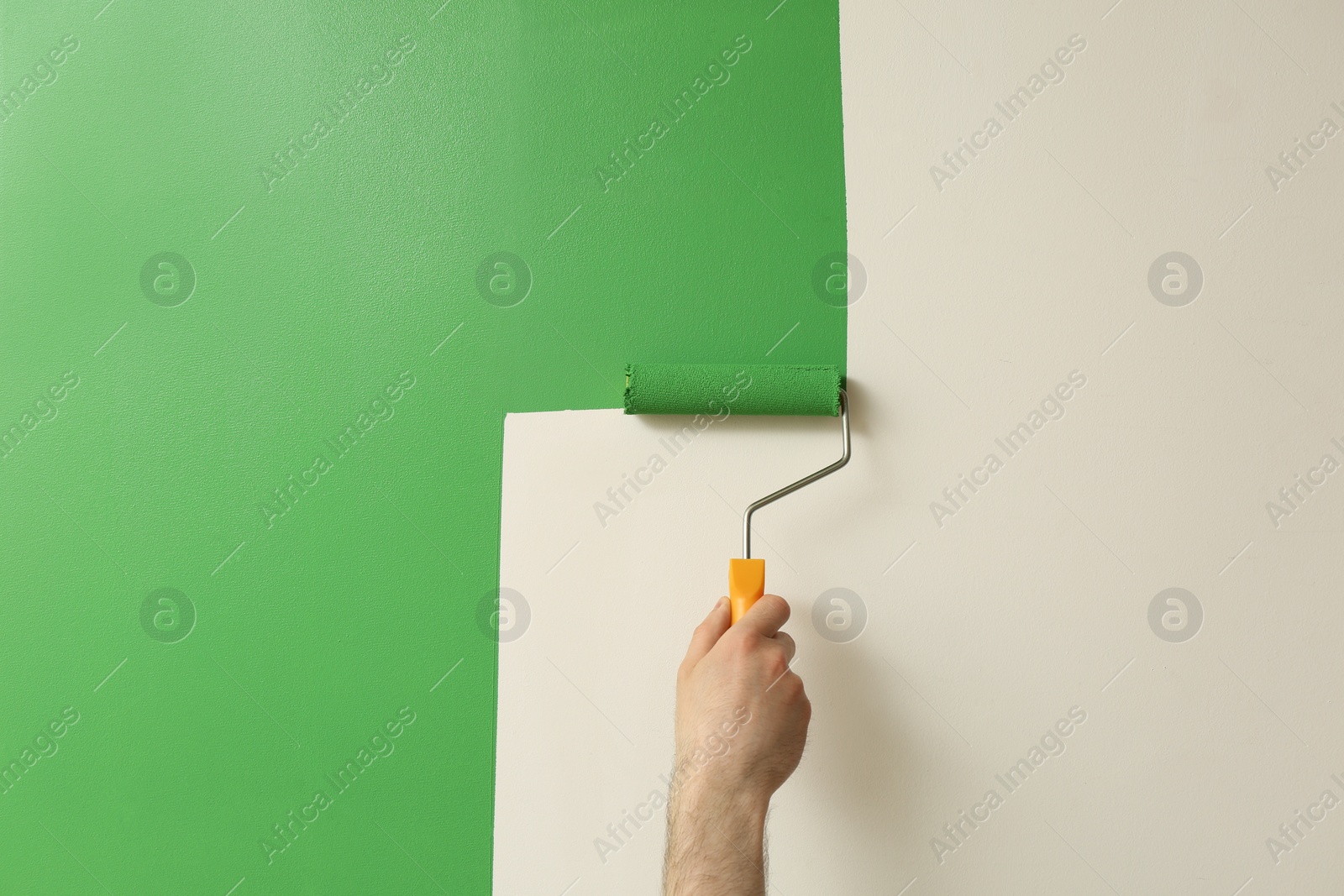 Photo of Man applying green paint with roller brush on white wall, closeup