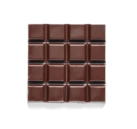 Photo of Tasty dark chocolate bar on white background, top view