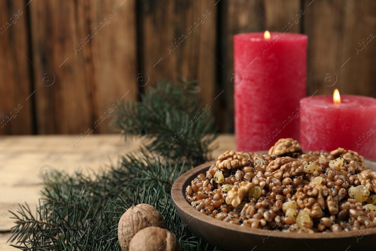 Photo of Traditional Christmas slavic dish kutia on table, closeup. Space for text