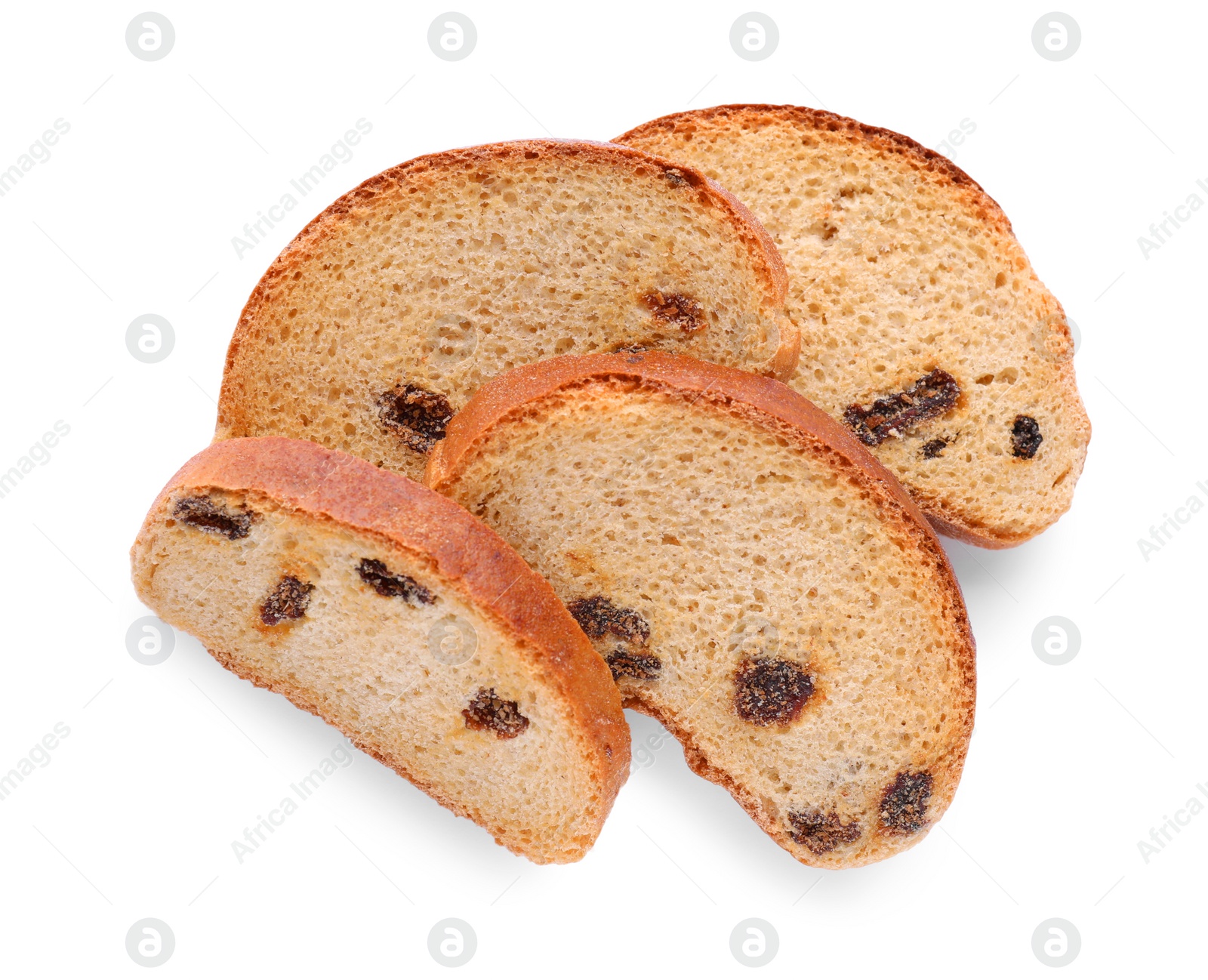 Photo of Sweet hard chuck crackers with raisins on white background, top view