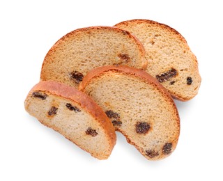 Photo of Sweet hard chuck crackers with raisins on white background, top view