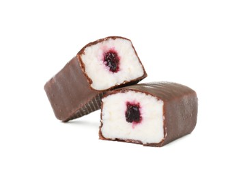 Cut glazed curds with berry filling isolated on white