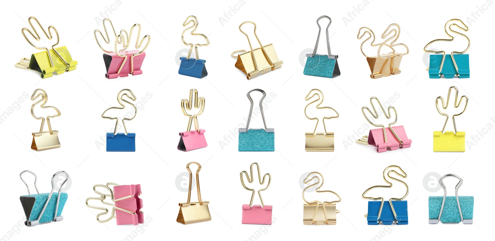 Image of Set with different binder clips on white background