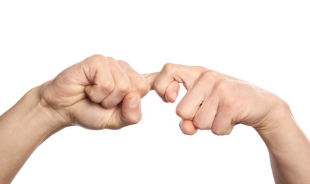 Man showing word friend on white background, closeup. Sign language