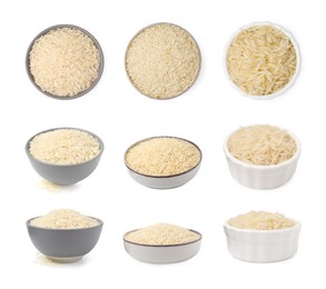 Image of Set with uncooked rice in bowls isolated on white, top and side views