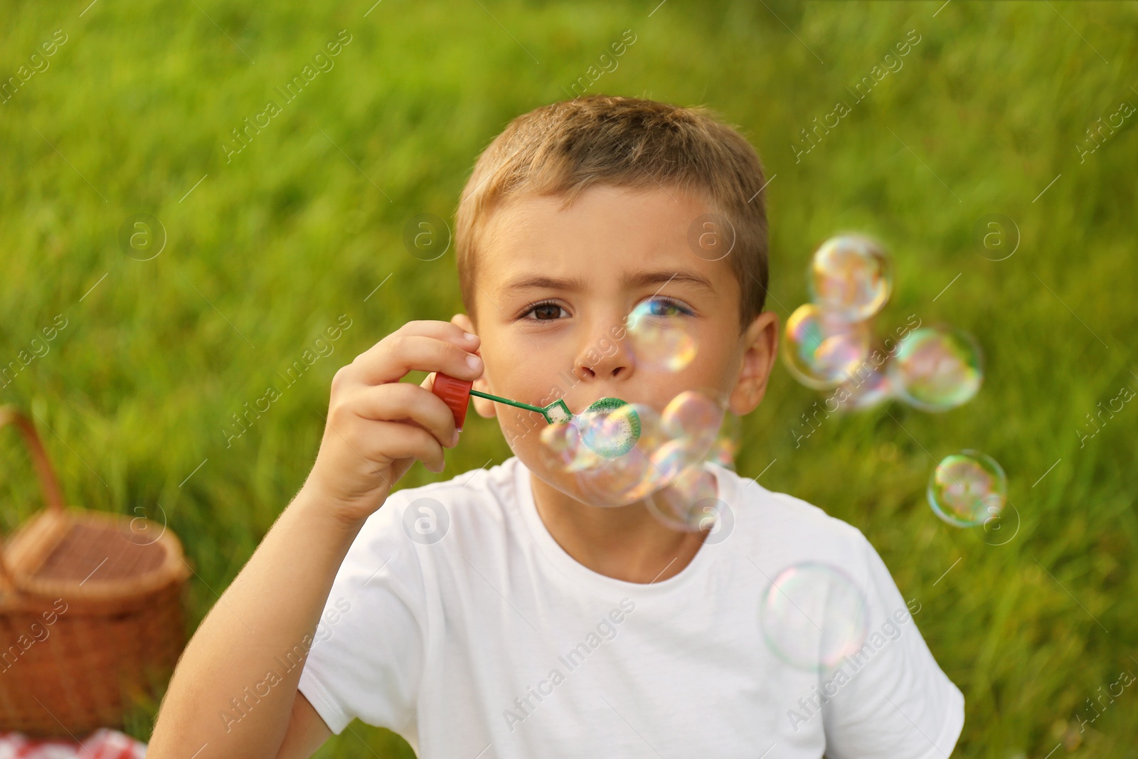 Photo of Little boy with soap bubbles in park. Summer picnic