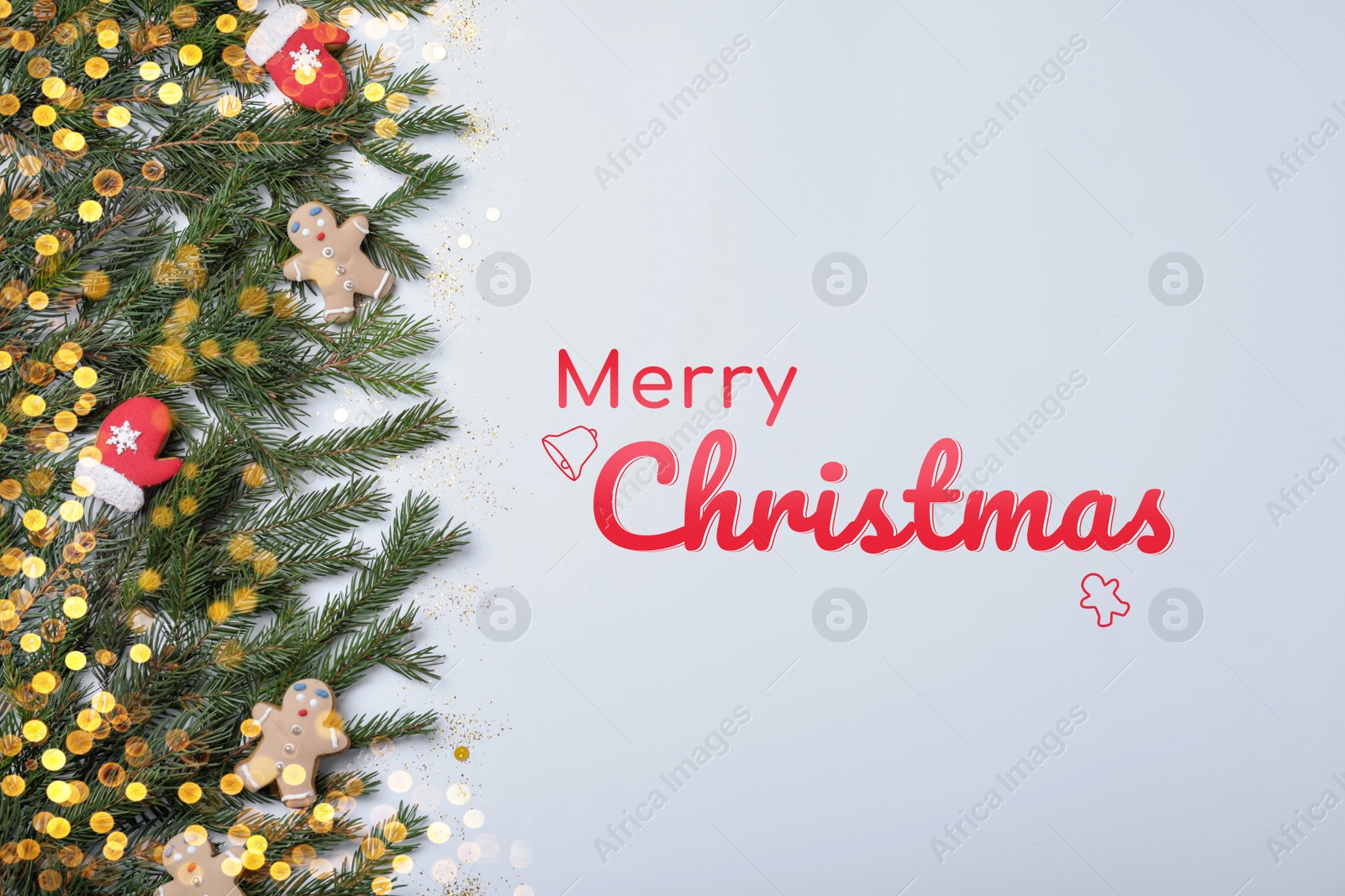 Image of Greeting card with phrase Merry Christmas. Beautiful fir tree branches and festive cookies on white background, flat lay. Bokeh effect