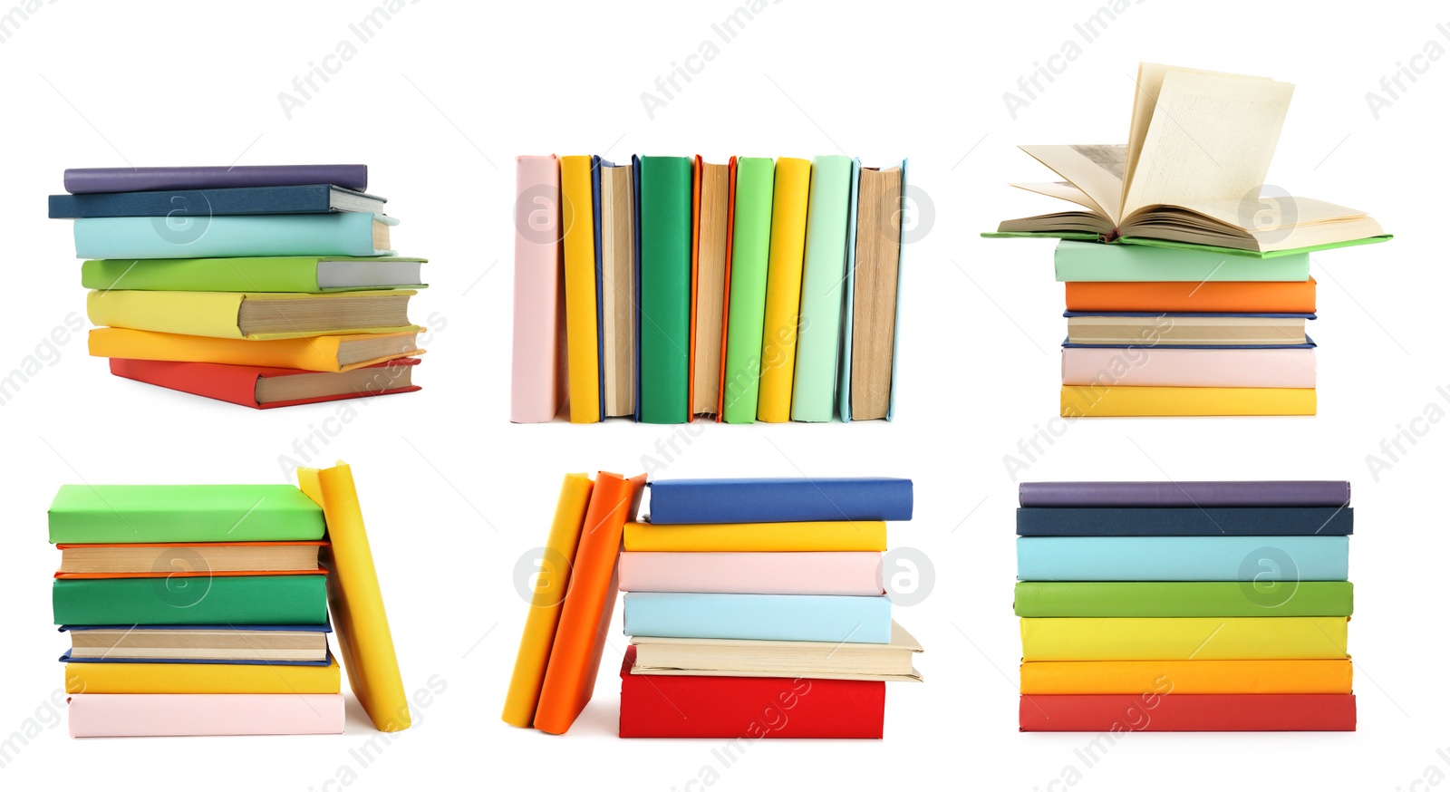 Image of Collection of different hardcover books on white background