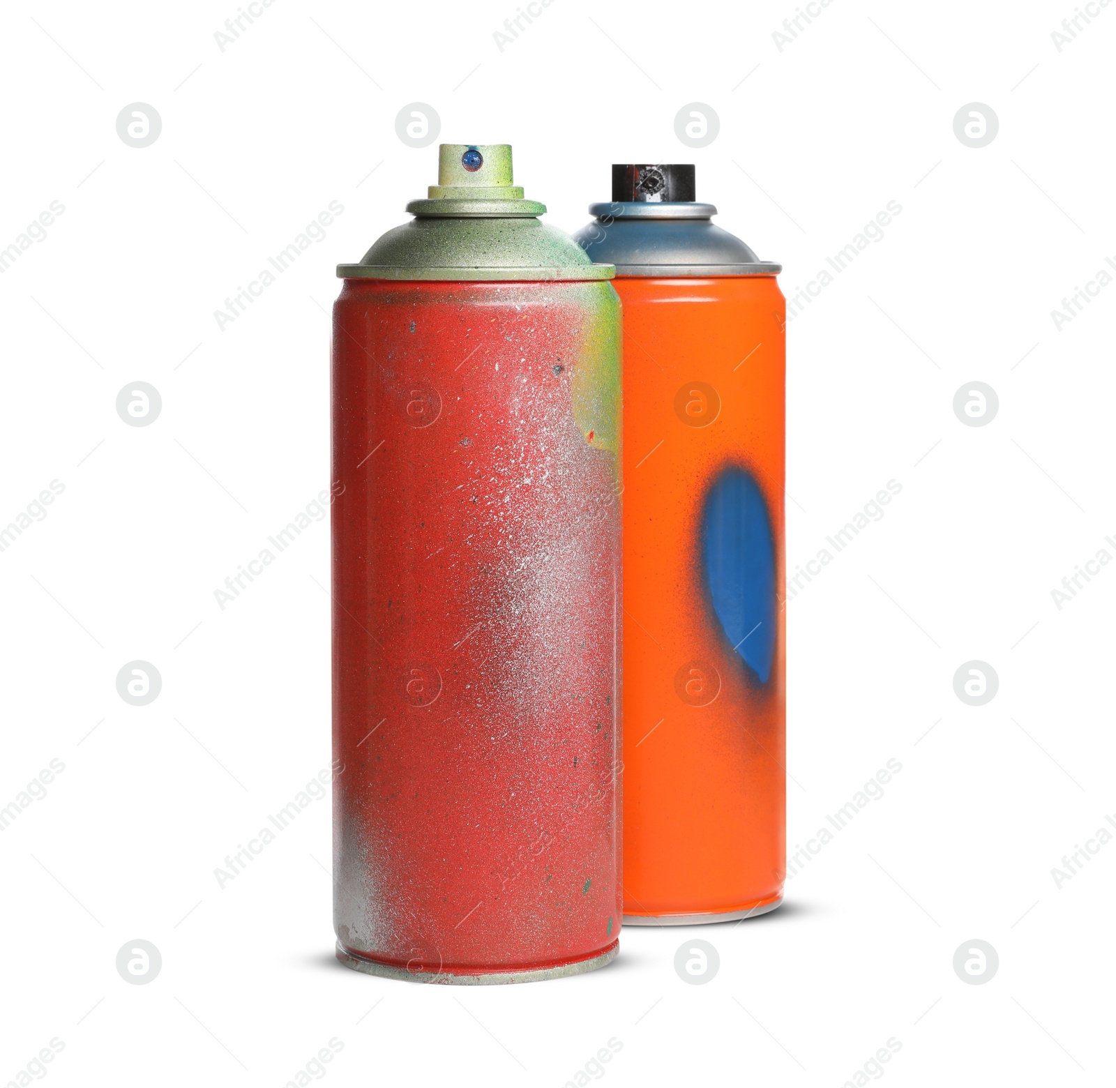 Photo of Used cans of spray paints on white background