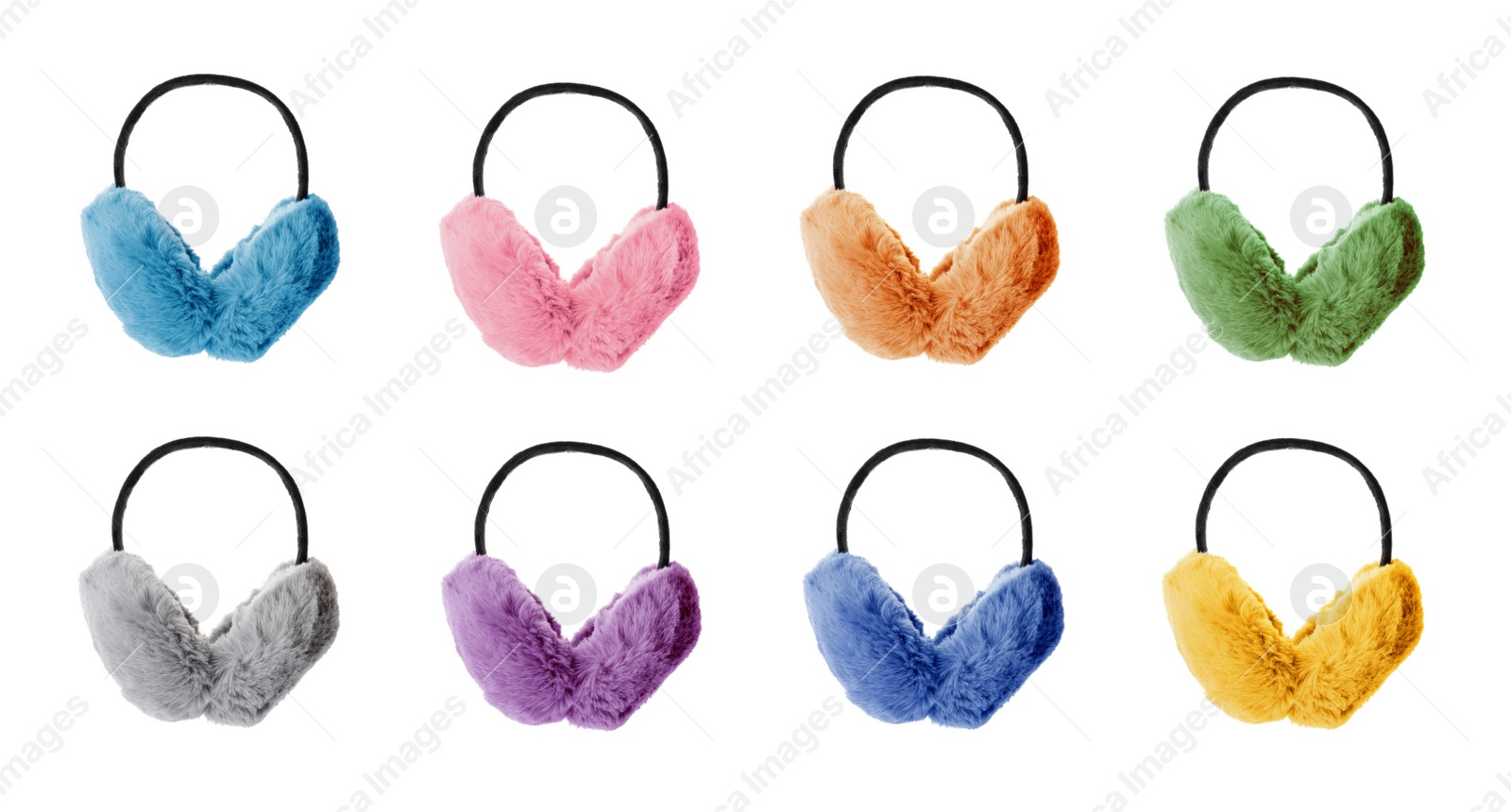 Image of Set with different colorful soft earmuffs on white background. Banner design