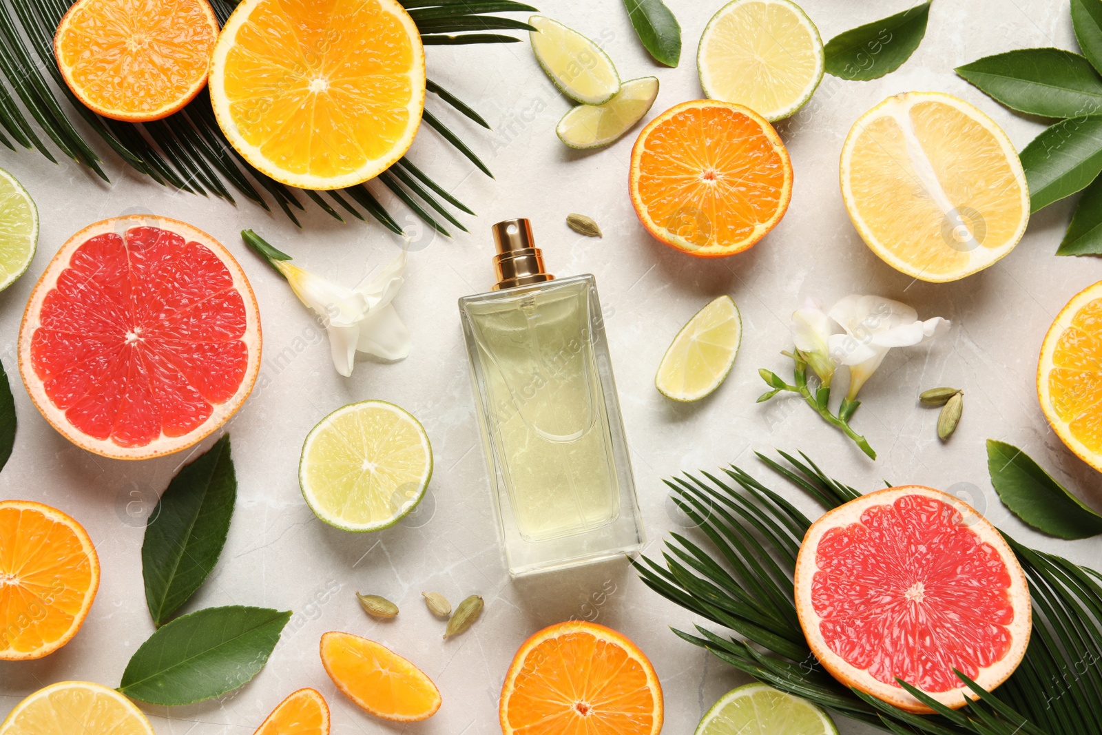 Photo of Flat lay composition with bottle of perfume and fresh citrus fruits on light marble background