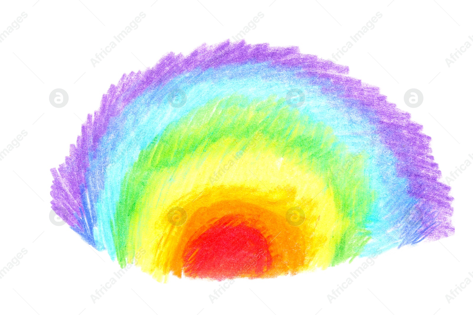 Photo of Rainbow drawn with colorful pencils on white background, top view