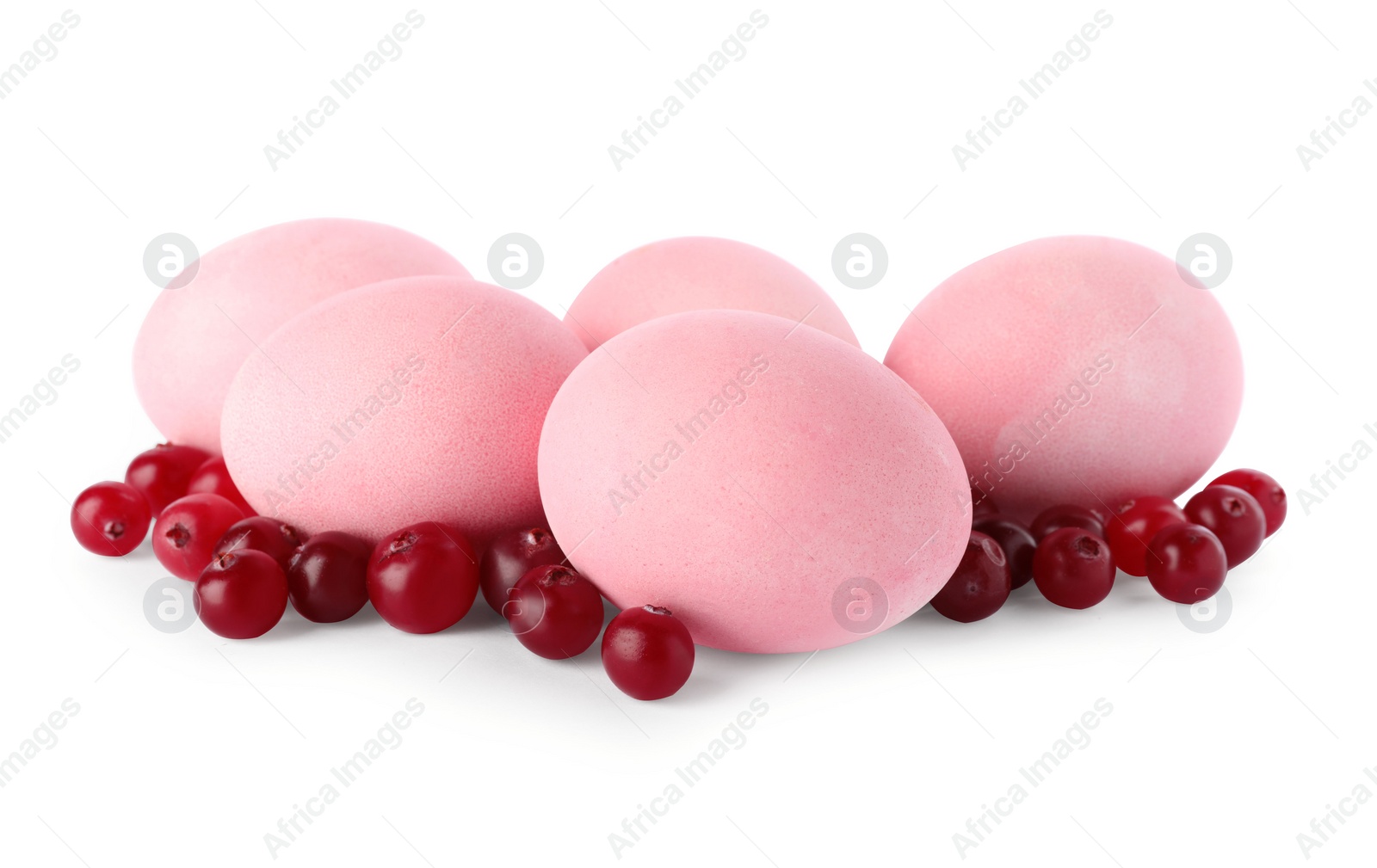 Photo of Naturally painted Easter eggs on white background. Cranberries used for coloring