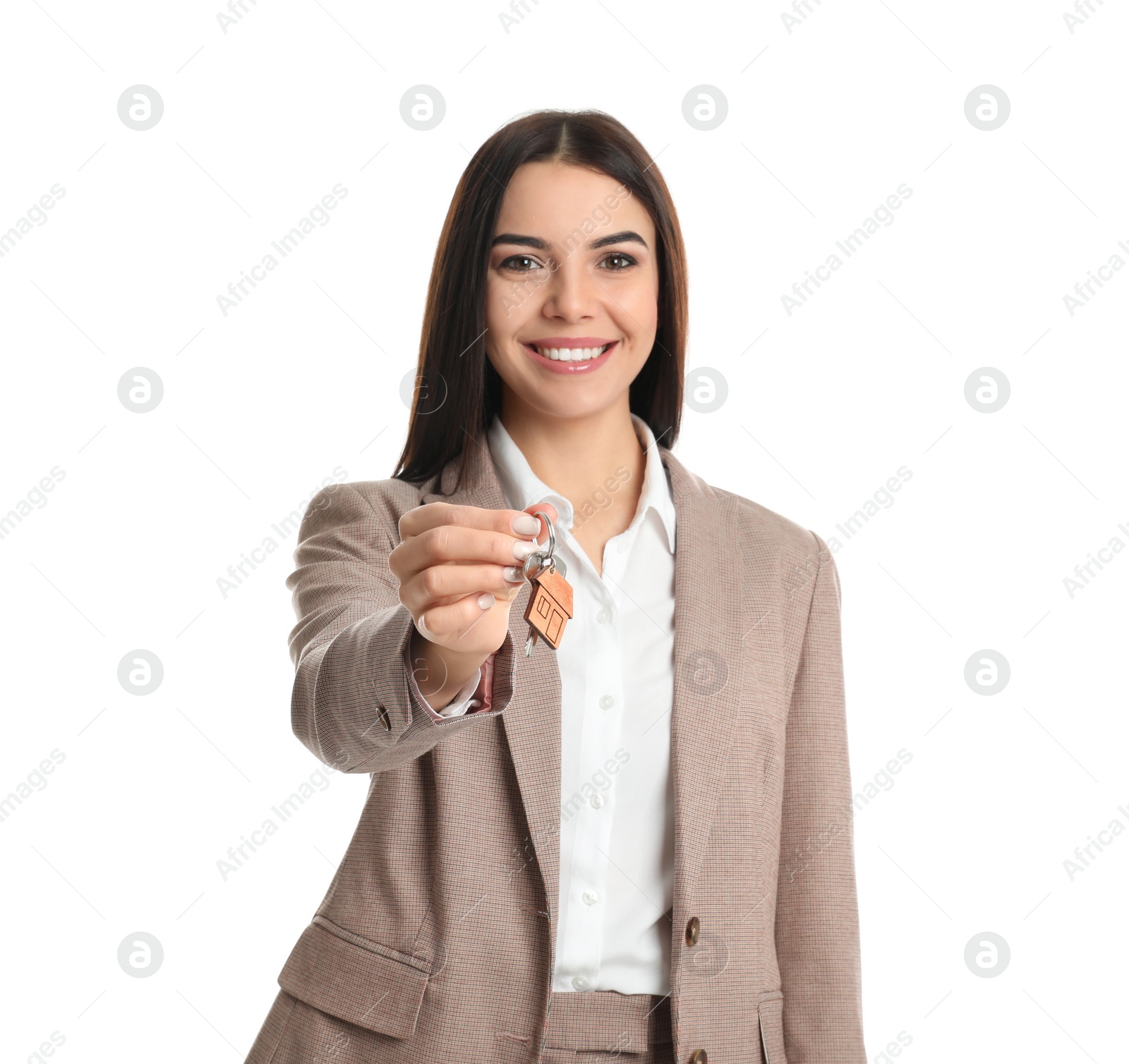 Photo of Real estate agent holding key on white background