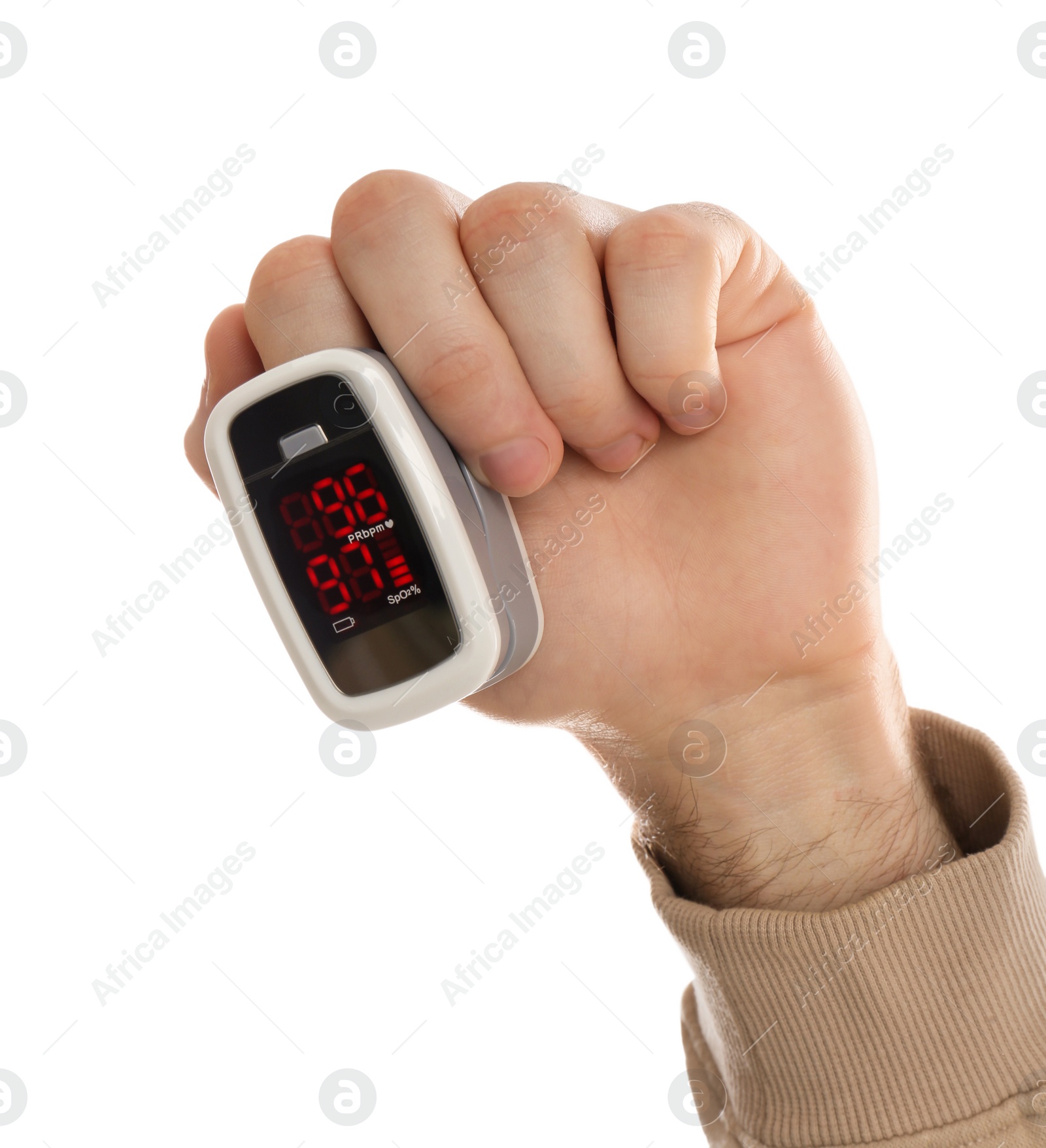 Photo of Man using pulse oximeter for oxygen level testing on white background, closeup