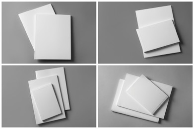 Open blank brochures on grey background, top view. Collage