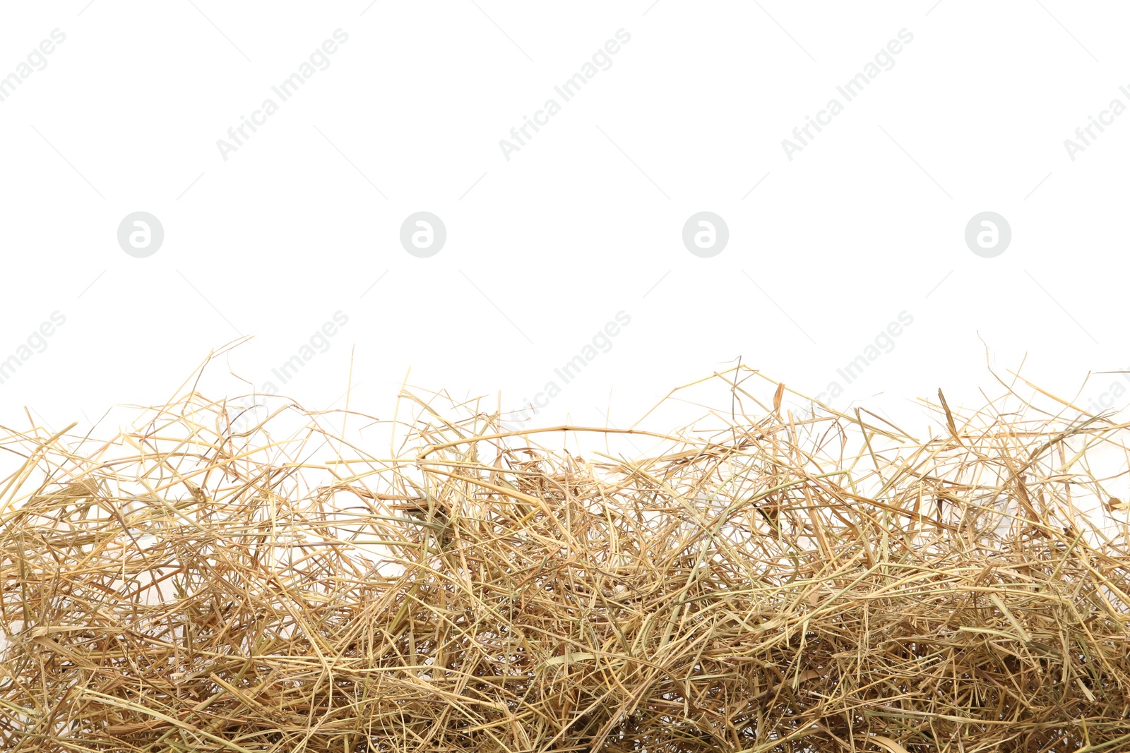 Photo of Dried hay on white background, top view