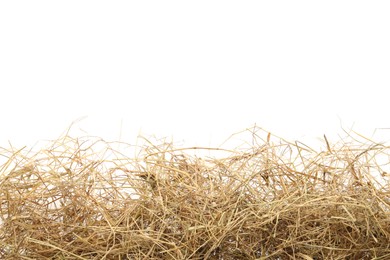 Dried hay on white background, top view