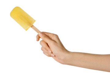 Woman holding tasty fruit ice pop on white background, closeup