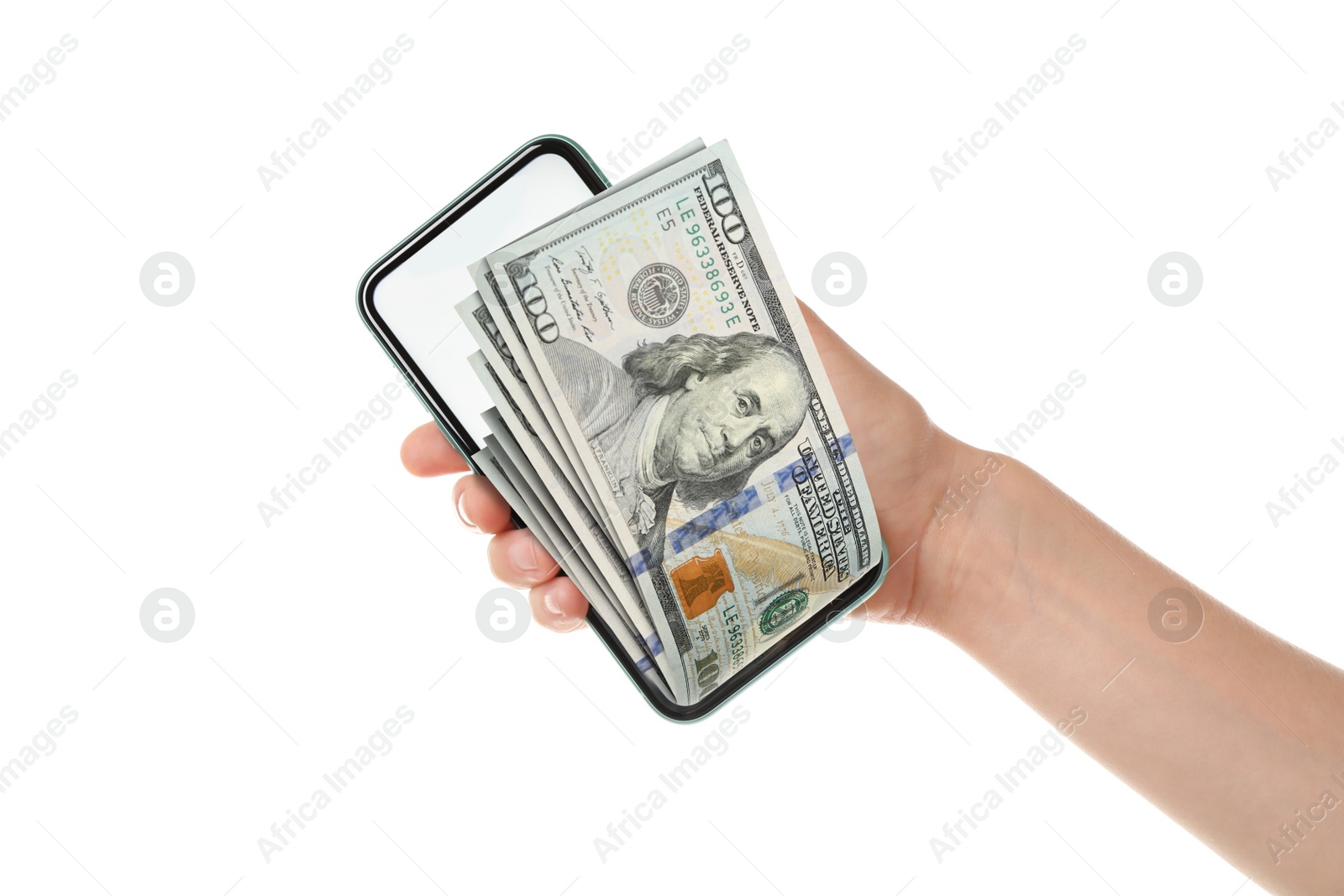 Image of Woman holding smartphone with dollar banknotes on white background, closeup