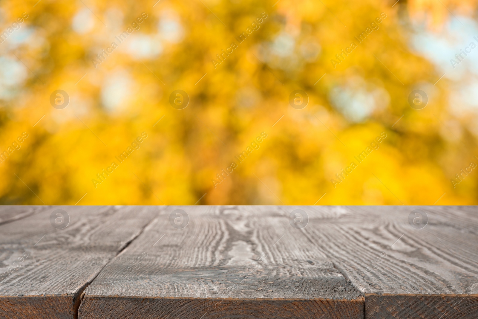 Image of Empty wooden surface against blurred background. Bokeh effect