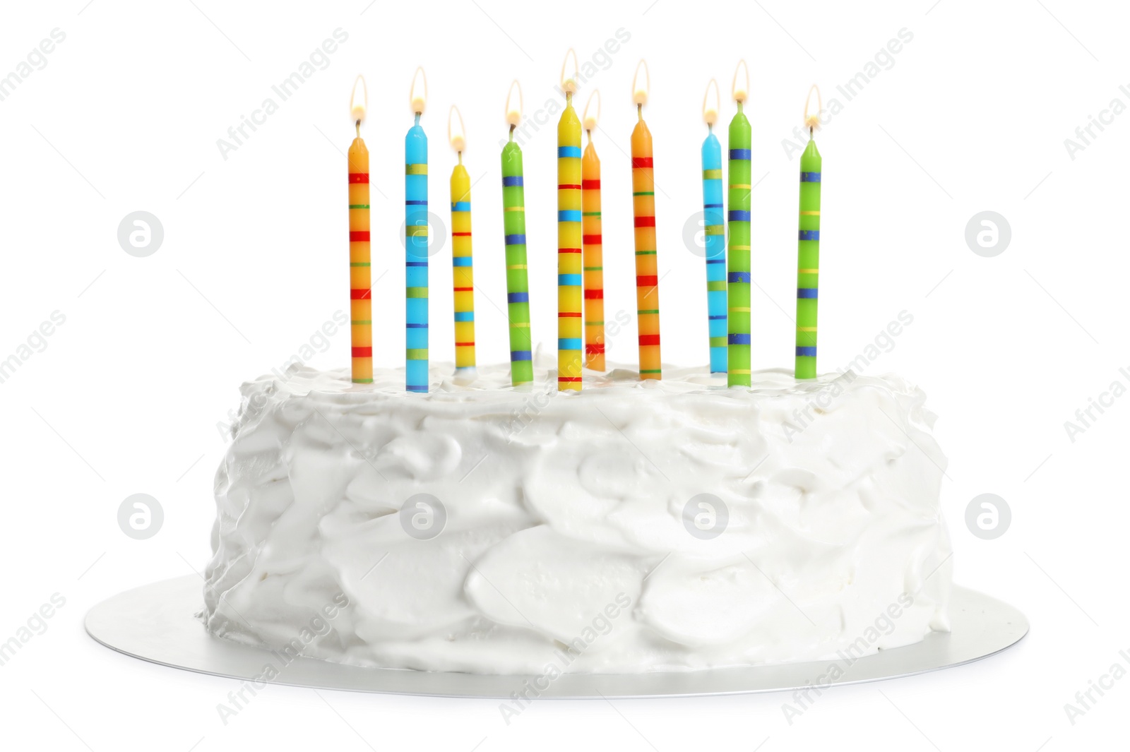 Photo of Birthday cake with candles on white background