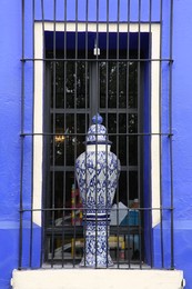 Blue building with beautiful window and steel grilles