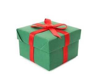 Photo of Green gift box with red bow isolated on white